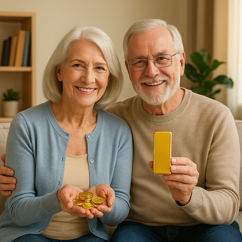 Senior couple holding gold investments